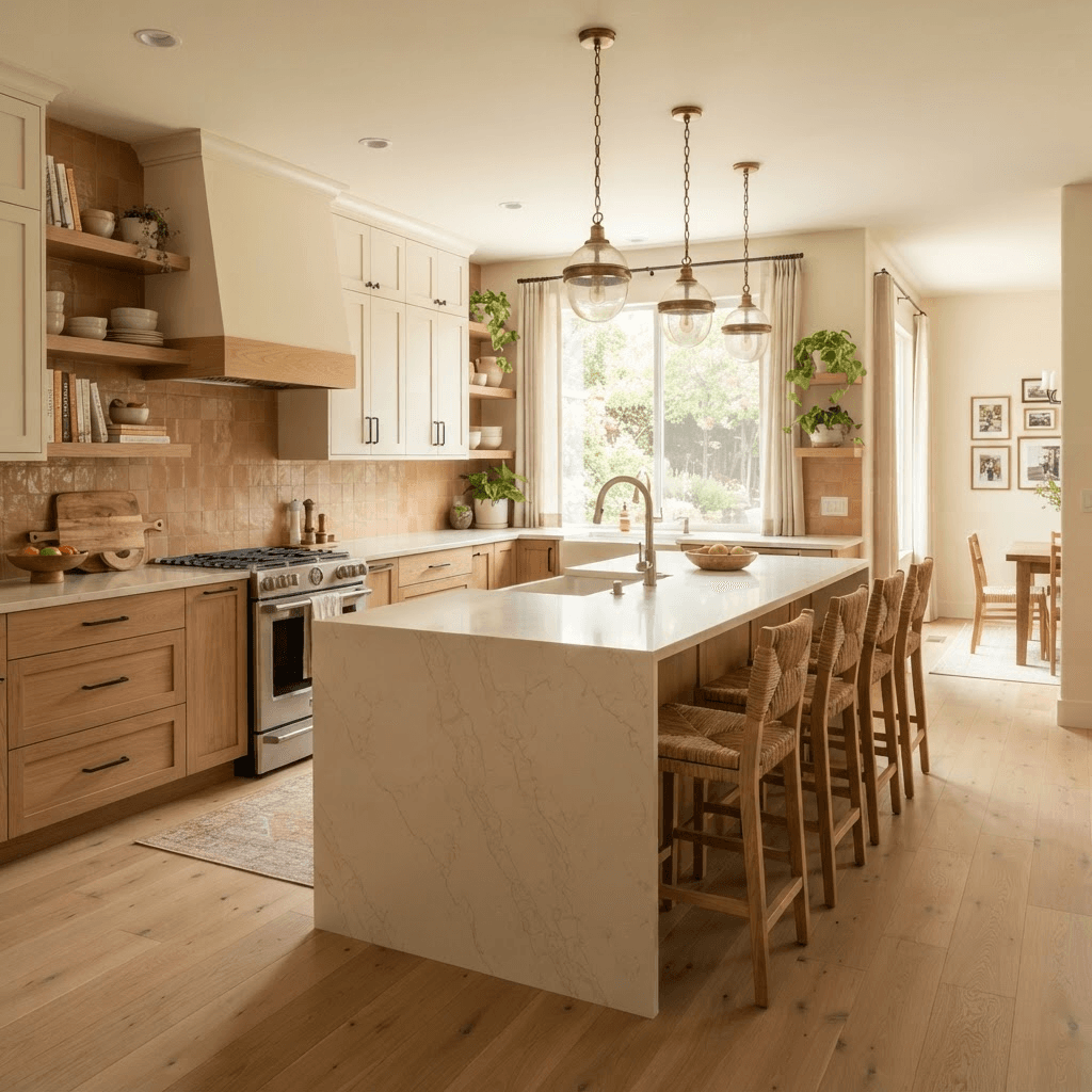 Bright modern kitchen with a center island, natural wood cabinets, and quartz countertops
